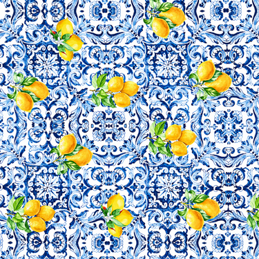 Amalfi Scarf with blue Mediterranean tile-inspired pattern featuring intricate ornamental motifs and scattered yellow lemon illustrations on a lightweight square scarf.