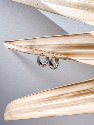 Ammelich Huggies with bold polished finish displayed on dried palm leaf