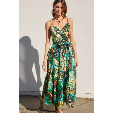 Amura Maxi Dress front detail view highlighting bold green and turquoise botanical print.