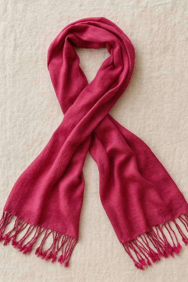Fuchsia pashmina scarf with soft fringe edges folded on beige linen background.
