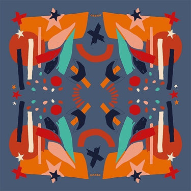 Aspen Scarf with navy background and orange geometric print, art-inspired square scarf for Matte.