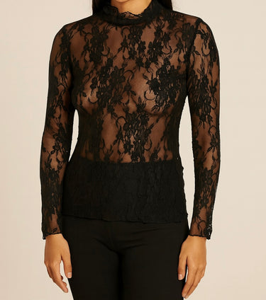 Black lace long-sleeve top on a neutral background