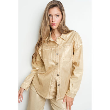 Gold foil-finish long-sleeve button-up shirt jacket with structured seams and lightweight shine, modeled in front — Aurea Shirt Jacket.