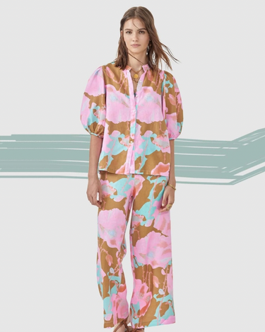 Model wearing Bubble Shirt in pink and aqua abstract print with puff sleeves — Matte Concept Store