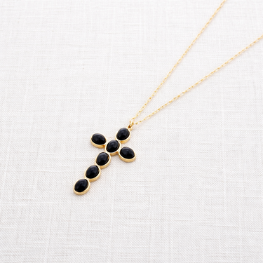 Bume Necklace gold chain cross necklace with black stones minimal modern pendant necklace shot.