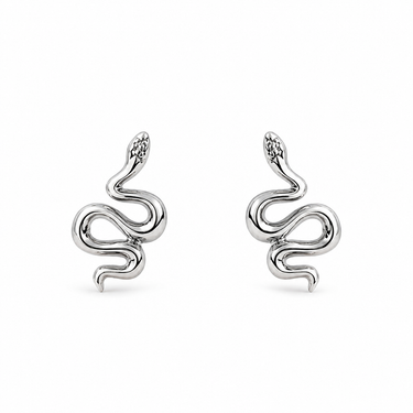 Silver snake-shaped earrings on a white background
