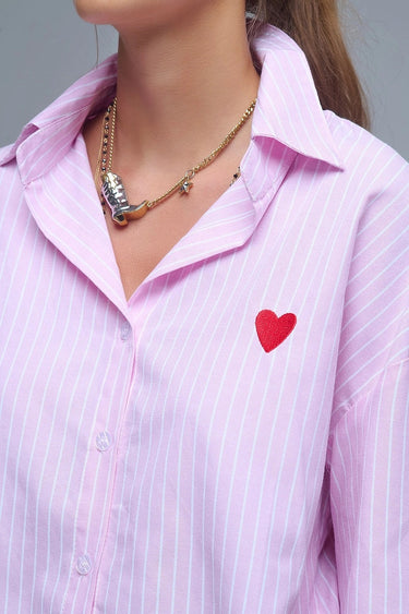 Pink striped shirt with red heart embroidery — Cayana Shirt.