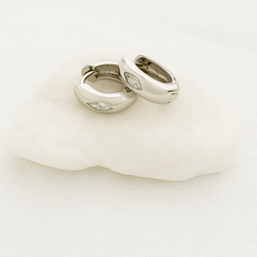Silver crystal hoop earrings, polished silver huggies with subtle stone accent, hypoallergenic jewelry by Matte