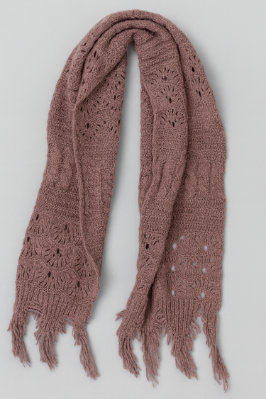 Ebra Pashmina in dusty rose knit, openwork pattern with fringed edges, soft lightweight wrap from Matte Wrap It Up Collection.