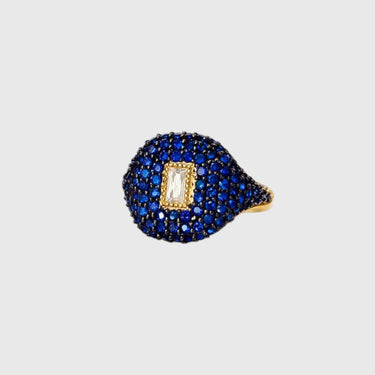 Ethos gold filled midnight blue pavé ring with rectangular center crystal on display, Matte