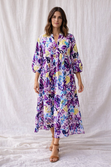 Gaelle Maxi Dress colorful floral maxi dress on model full body front view showing flowy silhouette and lightweight fabric