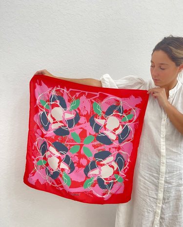 Galápagos Scarf in bright coral, pink, and emerald tones, tropical artistic print, square scarf photo for Matte.
