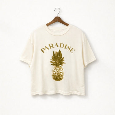 Grola Paradise Graphic Tee ivory cotton t shirt with golden pineapple print front view