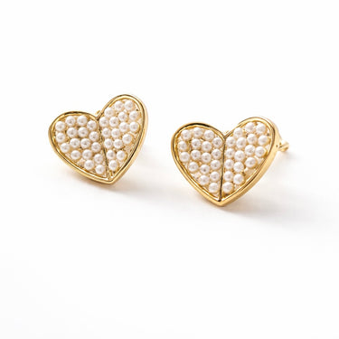 Irun Stud Earrings gold heart stud earrings with micro pearl detailing.