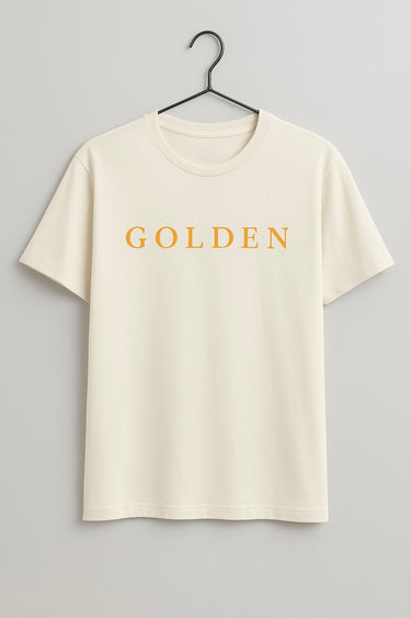 Unisex cotton t-shirt with golden lettering, short sleeves, relaxed fit.