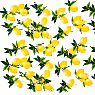 Janis Scarf square scarf with all-over yellow lemon print and green leaves on white background in a fresh, summery pattern.
