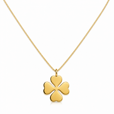 Kinat Necklace gold clover pendant necklace on neutral background showing smooth four-leaf shape and polished finish.