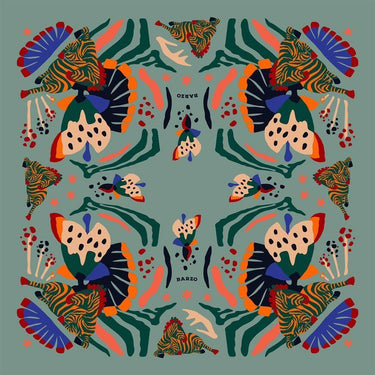 Le Mans Scarf with abstract artistic print in green, orange and blue tones, square silky scarf photo for Matte.
