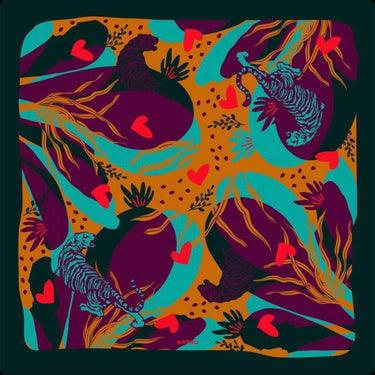 Lille Scarf with bold multicolor abstract design on dark teal base, square artistic print scarf for Matte.