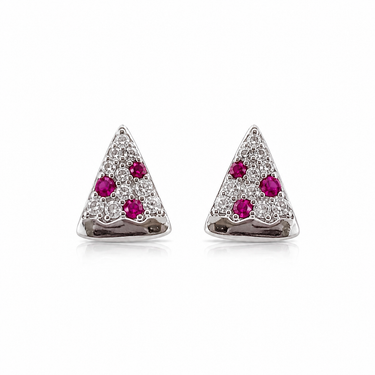 Silver Triangle Crystal Stud Earrings with Pink Gemstone Accents on Clean White Background – Minimalist Sparkly Geometric Earrings for Everyday Jewelry Styling