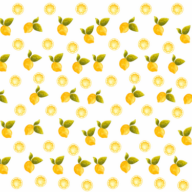 Lity Scarf with scattered yellow lemon print on a clean white background, featuring small detailed citrus illustrations in a lightweight square scarf design.