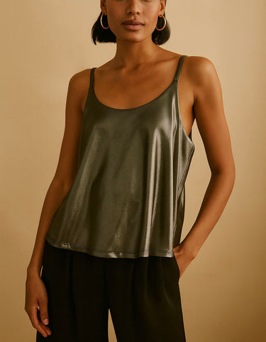 Loel Tank Top — grey satin tank with glossy finish and relaxed drape, model wearing in studio lighting, styled with black trousers by Matte.
