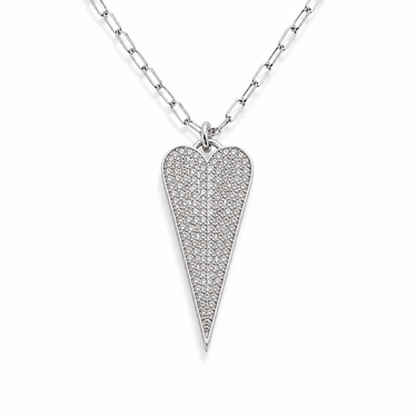 Loveme Necklace featuring a polished silver-tone elongated heart pendant covered in shimmering cubic zirconia, suspended from a delicate chain and styled on a light neutral background for a modern, elegant everyday look.