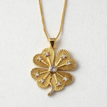 Lucky Necklace close-up product view showing crystal clover charm detail.