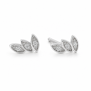 Pair of silver leaf-shaped earrings with clear gemstones on a white background