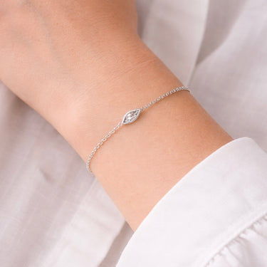 Lula Bracelet fine silver chain bracelet with marquise-cut crystal detail on wrist.