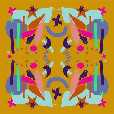 Marseille Scarf with abstract multicolor print on mustard background, square artistic scarf photo for Matte.