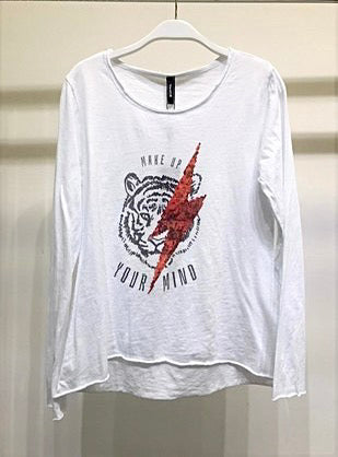 Mind Tiger Graphic Long Sleeve Tee white cotton shirt with bold tiger print and phrase "MAKE UP YOUR MIND" front view.