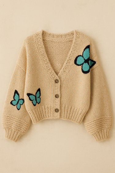Mirka Sweater in beige knit with blue butterfly embroidery displayed on a neutral background.