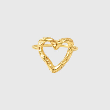 Matte Gold Heart Ring with organic textured open heart design on light gray background