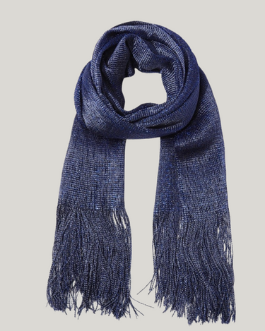 Matte Stardust Shimmer Scarf in Midnight navy with fringe on a neutral background