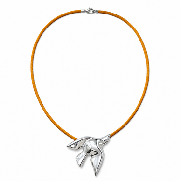 Newi Necklace silver dove pendant on cord necklace against neutral background, showing sculptural bird design and minimal modern style.