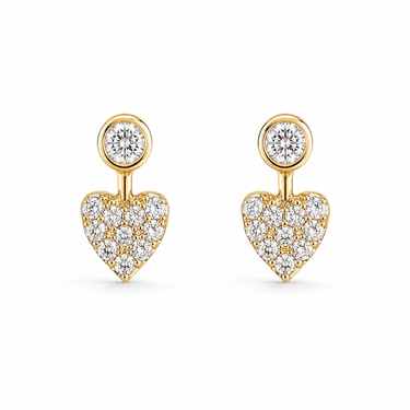 Heart-shaped earrings with gold and diamond details on a white background