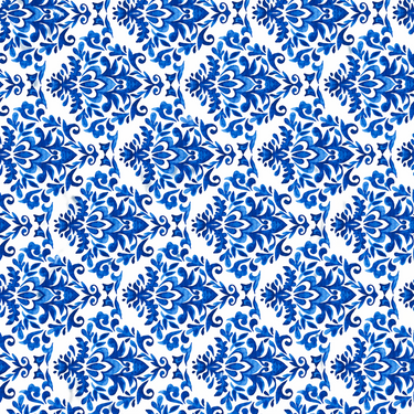Omelia Scarf with intricate blue floral tile-inspired pattern on a white background, featuring dense ornamental motifs in a lightweight square scarf.