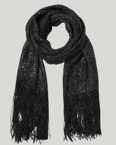 Matte Stardust Shimmer Scarf in Onyx black with subtle sparkle and fringe on a neutral background