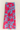 Floral patterned pants with pink flowers on a blue fabric.