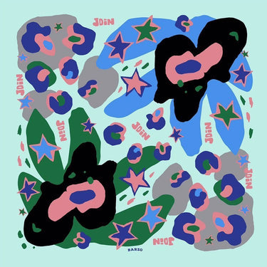 Paris Scarf with vibrant multicolor print on blue background, artistic square accessory photo for Matte.
