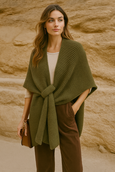 Quiton Poncho Cape — olive green ribbed knit wrap with self-tie front, shown on model, cozy fall accessory from Matte.