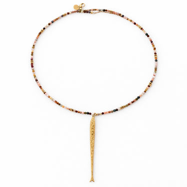 Rue Necklace neutral beaded necklace with gold drop pendant minimalist delicate jewelry