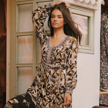Sakura Printed Maxi Dress long sleeve full length dress with neutral floral print front view