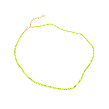 Close-up of the Samura Necklace in yellow enamel and gold plated chain by Matte. A minimal, lightweight accessory perfect for layering or wearing solo. Modern summer jewelry.