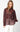 Model wearing Selene Metallic Blouse in wine metallic pleated fabric, button-down front with shimmering finish.