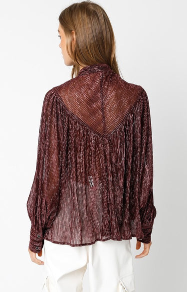 Woman wearing a sheer burgundy blouse with a white background