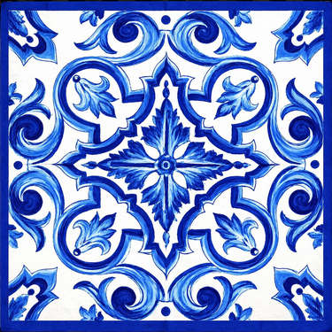 Sid Scarf square scarf with blue and white ceramic-inspired tile print featuring ornate symmetrical pattern and detailed border.