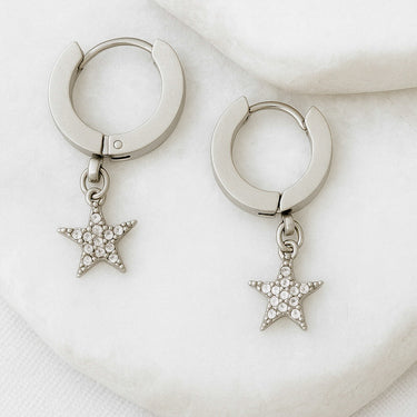 Starlight Huggie Earrings, silver plated hoops with dangling crystal star charm, celestial jewelry by Matte