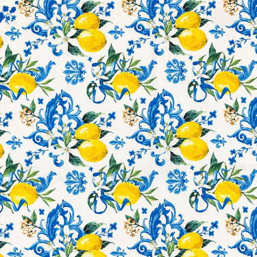 Torino Scarf square scarf with blue floral tile-inspired pattern and yellow lemon print on white background with detailed border.